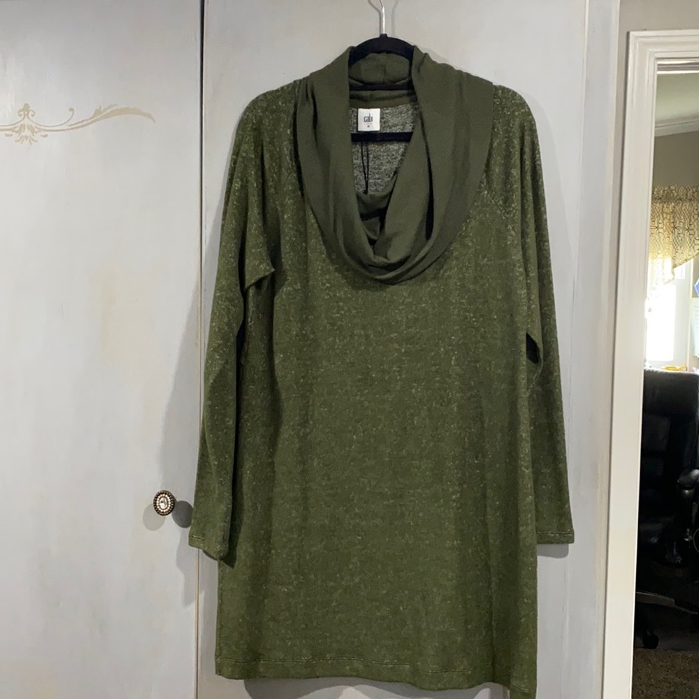 Cozy cabi dress with cowl ripped neckline.